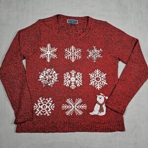 Karen Scott Sweater Womens XL Snowflake Holiday Sequin Winter Christmas Bear Red
